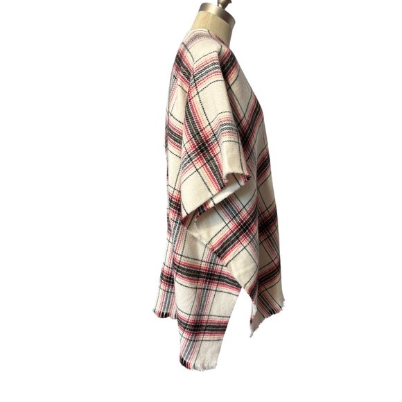 Loft Women's Size M/L Plaid Wrap Soft Poncho With Frayed Hem Red Cream Black - Picture 3 of 9